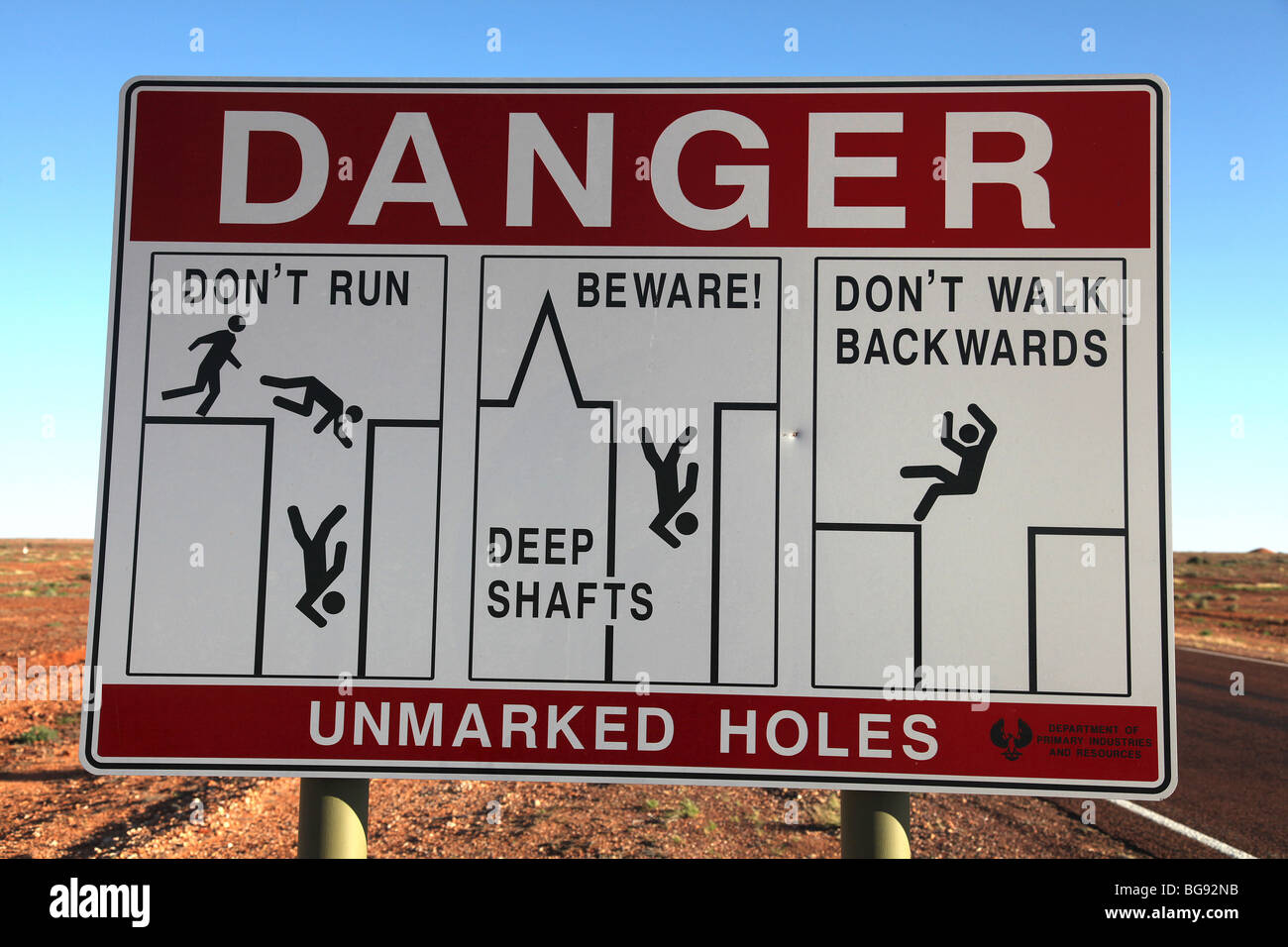 Mine shaft warning sign-Coober Pedy-SA-Australia Stock Photo