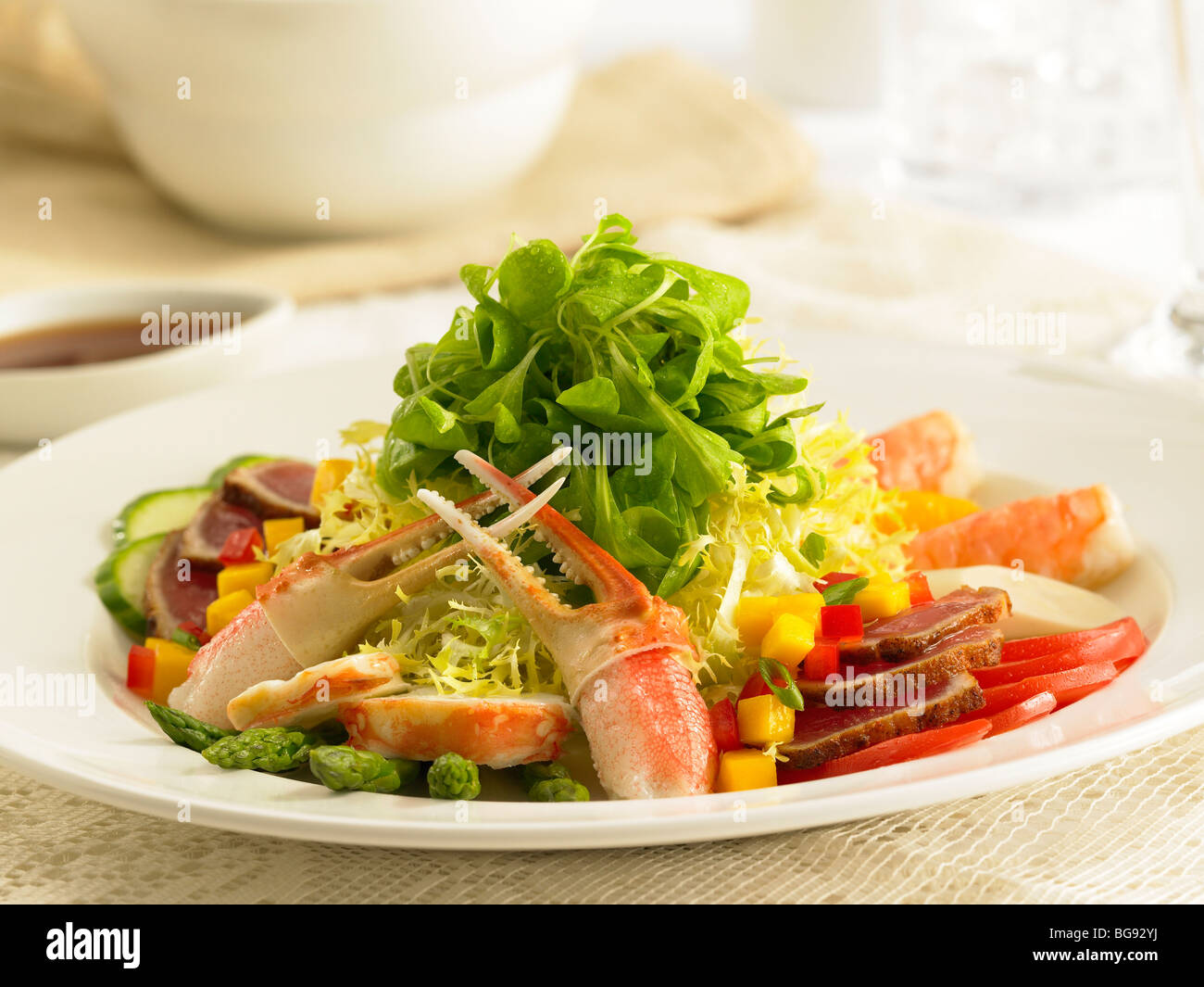 Crab seared tuna seafood salad with asparagus Stock Photo - Alamy