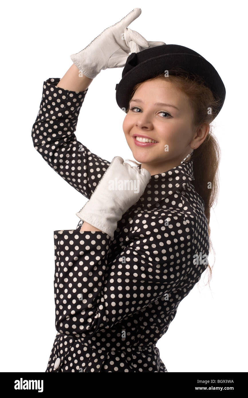 funny young girl in retro fashion style clothes isolated on white Stock Photo