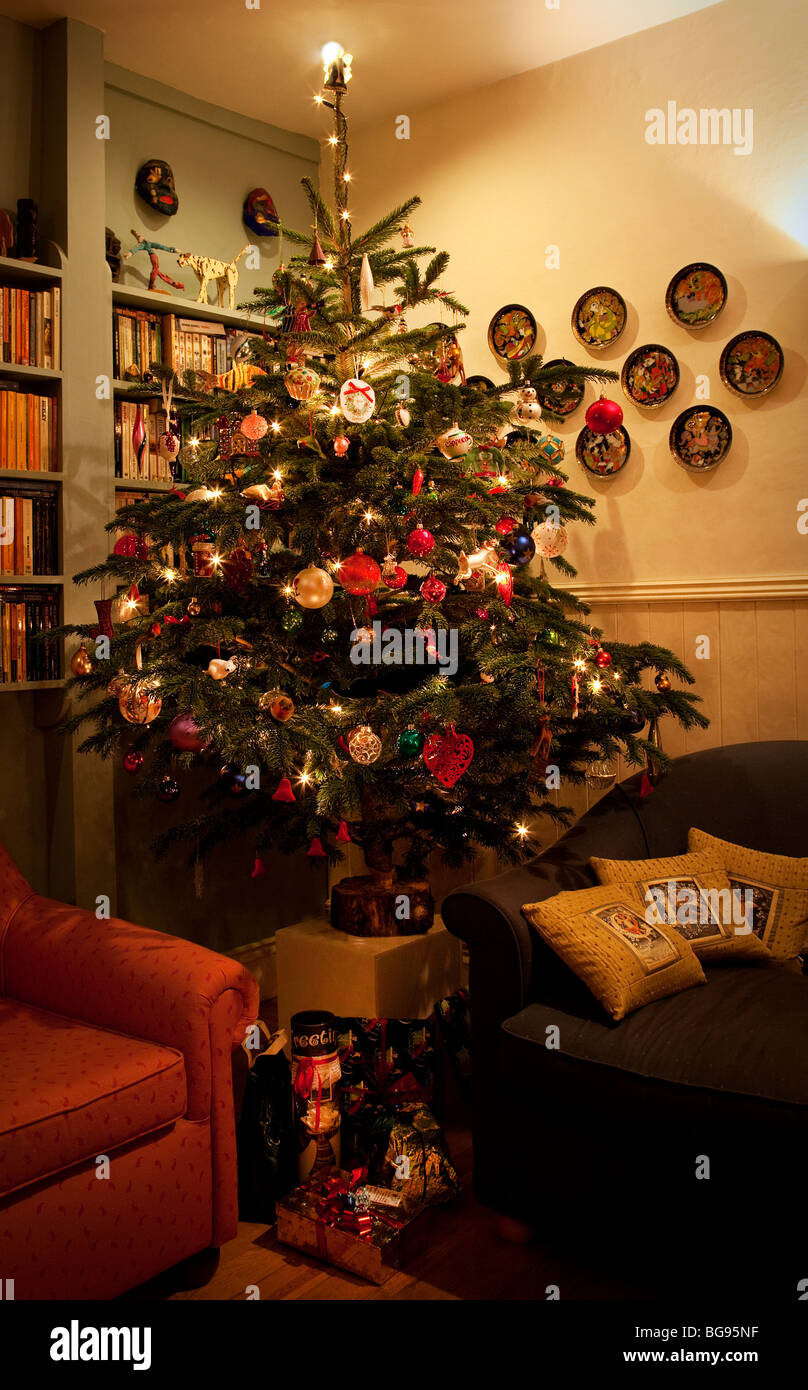 Decorated Christmas tree in a home in the UK Stock Photo