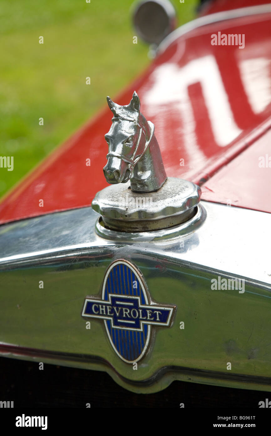 Horse head radiator cap cover on vintage Chevrolet car Stock Photo