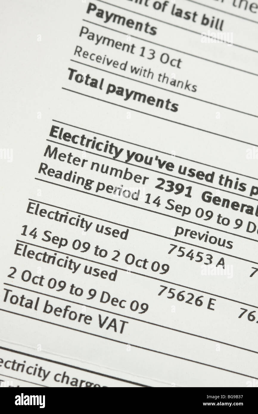 UK Electricity bill domestic fuel bill showing meter readings Stock