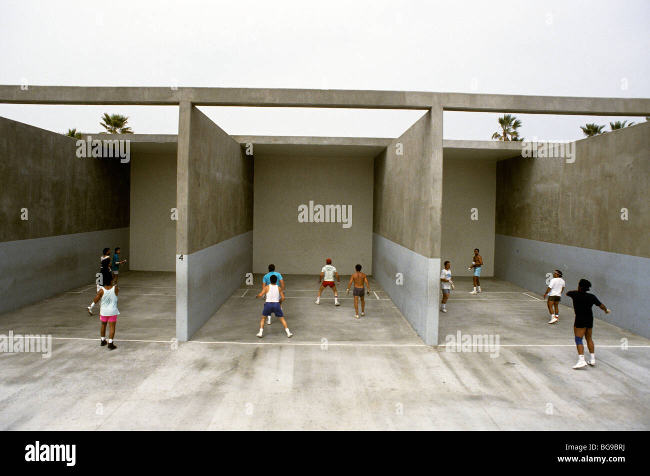 Group of three handball courts with men playing handball Stock Photo