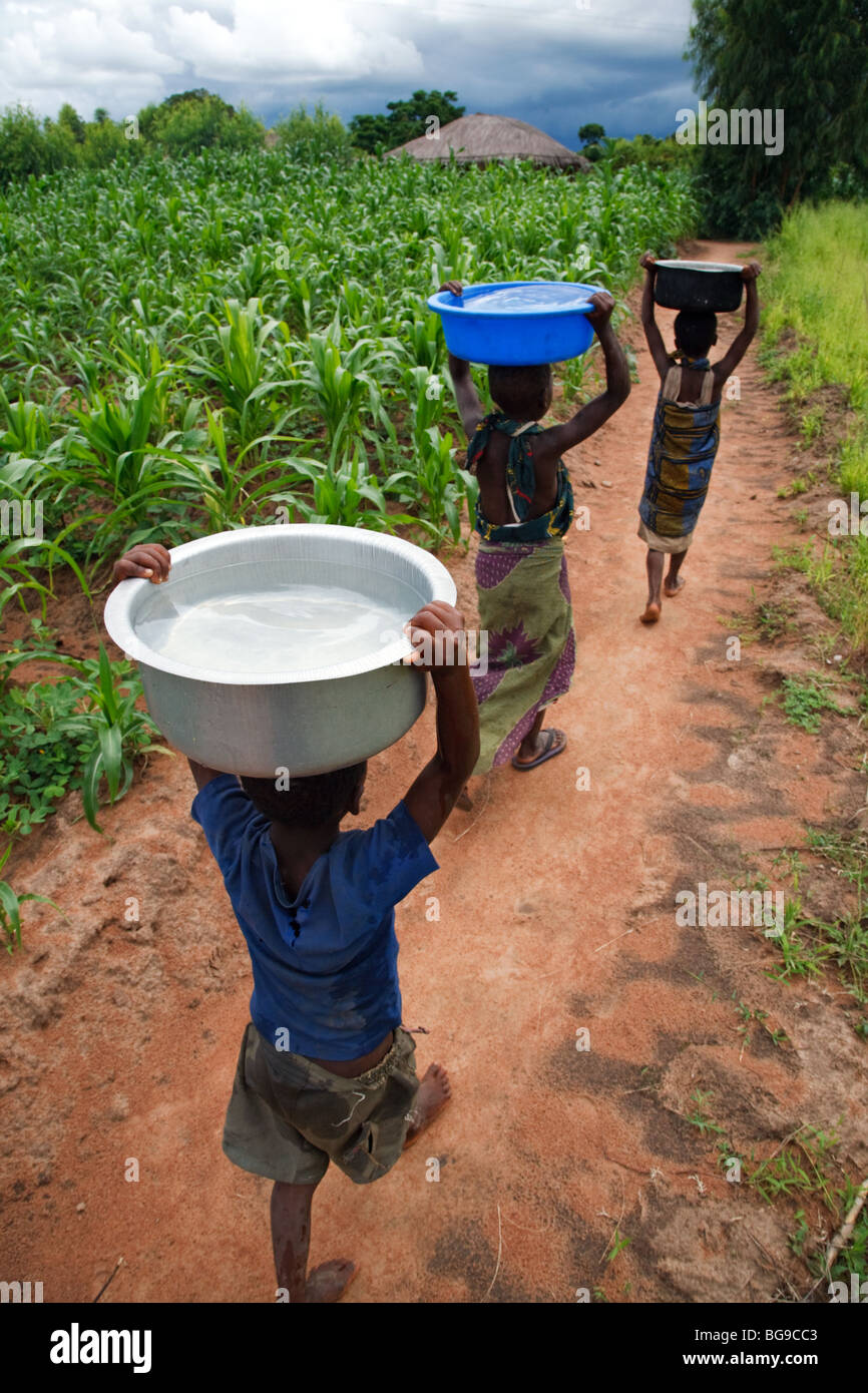 Children carry water on their heads to their home from a borehole built by an international NGO in rural Malawi, Africa Stock Photo