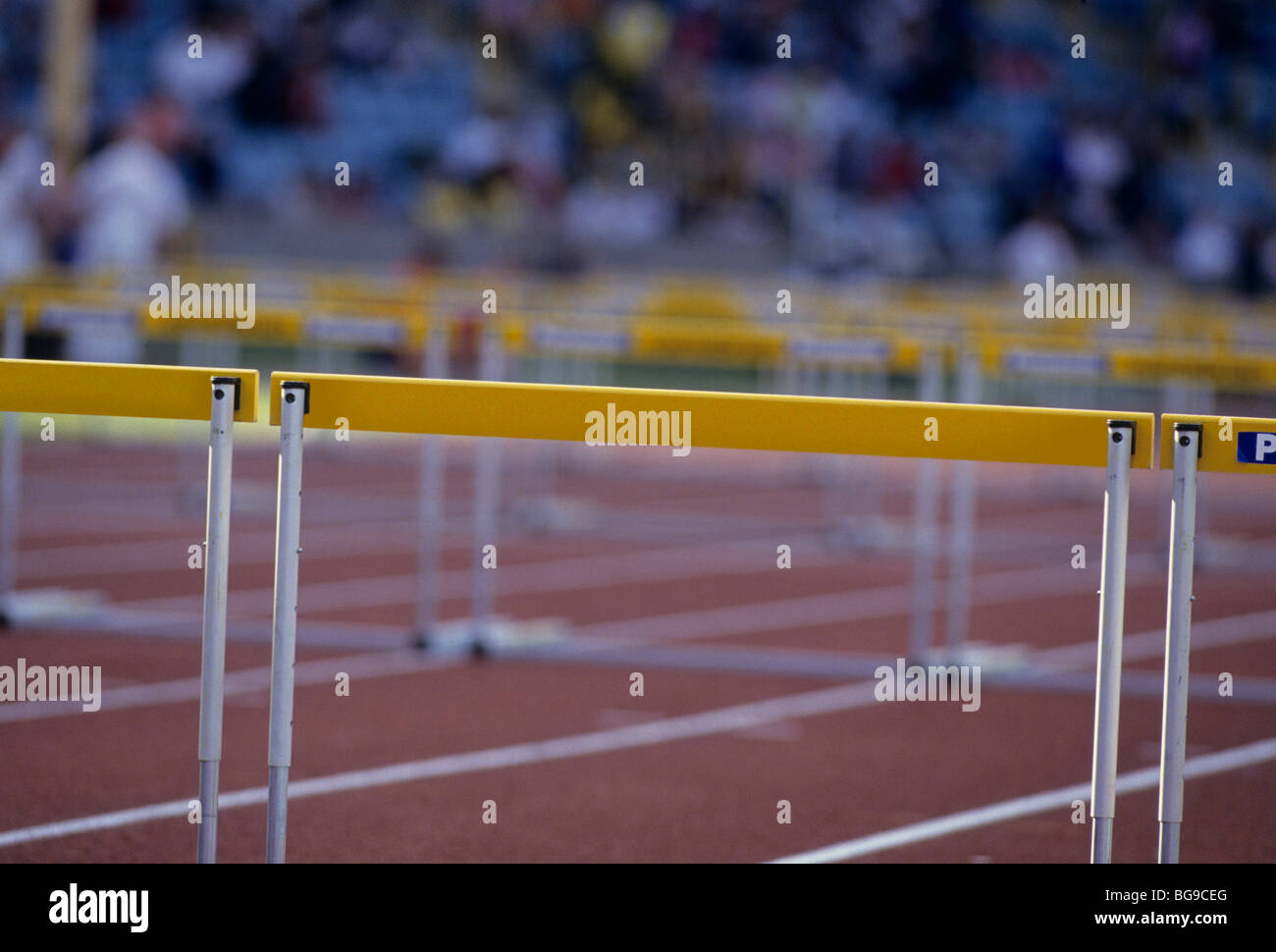 Hurdles on a running track Stock Photo Alamy
