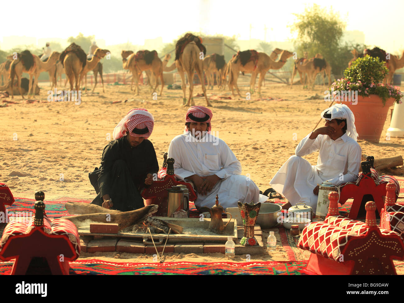 Three Qatari citizens relax at a bedouin-style camp on cleared land in the centre of the Qatari capital, Doha. Stock Photo