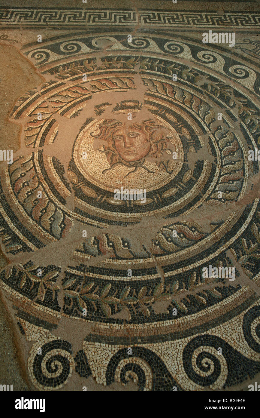 Mosaic depiction of Medusa's head in a circular frame from Villa of