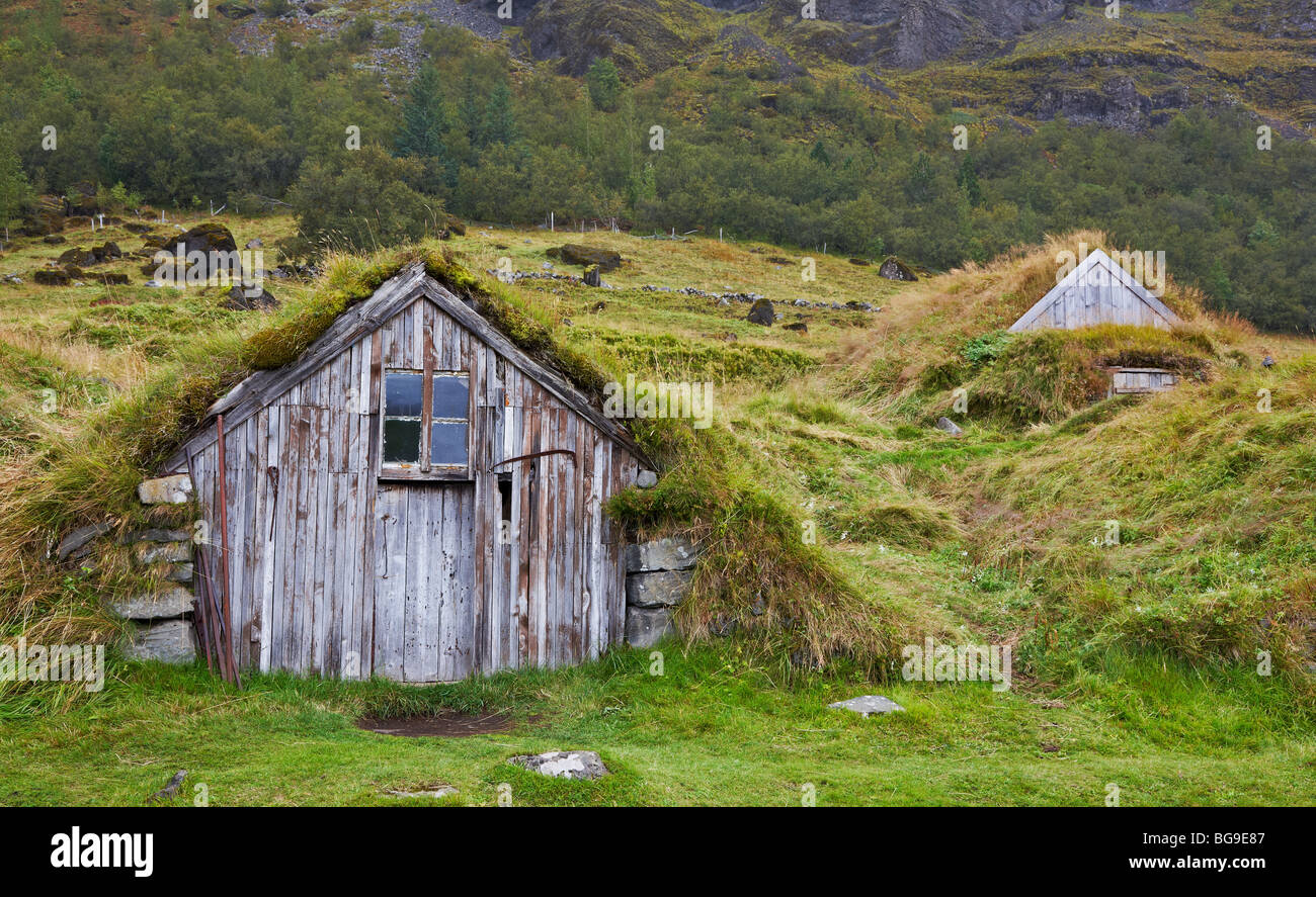 Turf covered old farms, Nupsstadur, Iceland Stock Photo