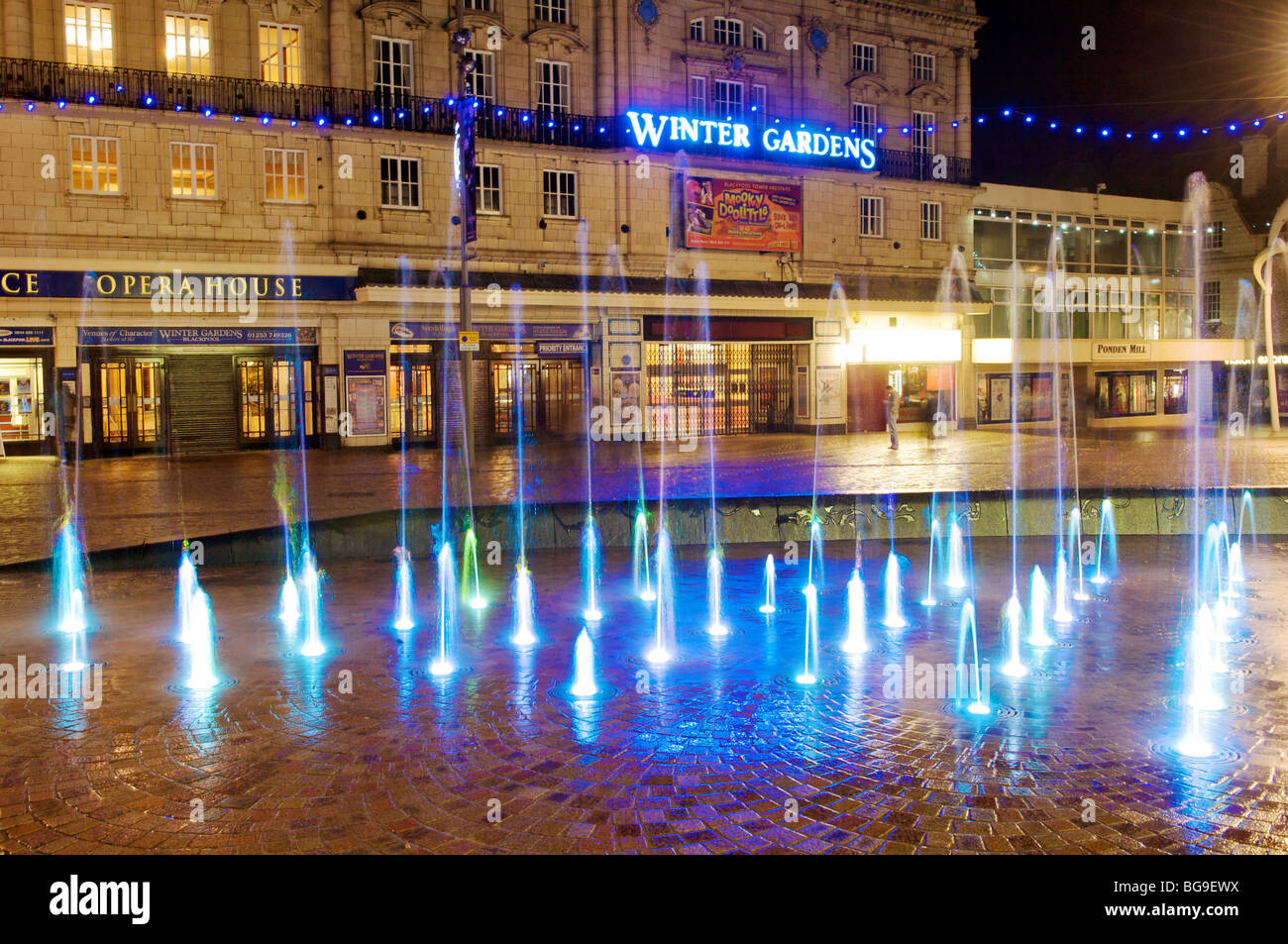 Illuminated fountain at night Blackpool Stock Photo - Alamy