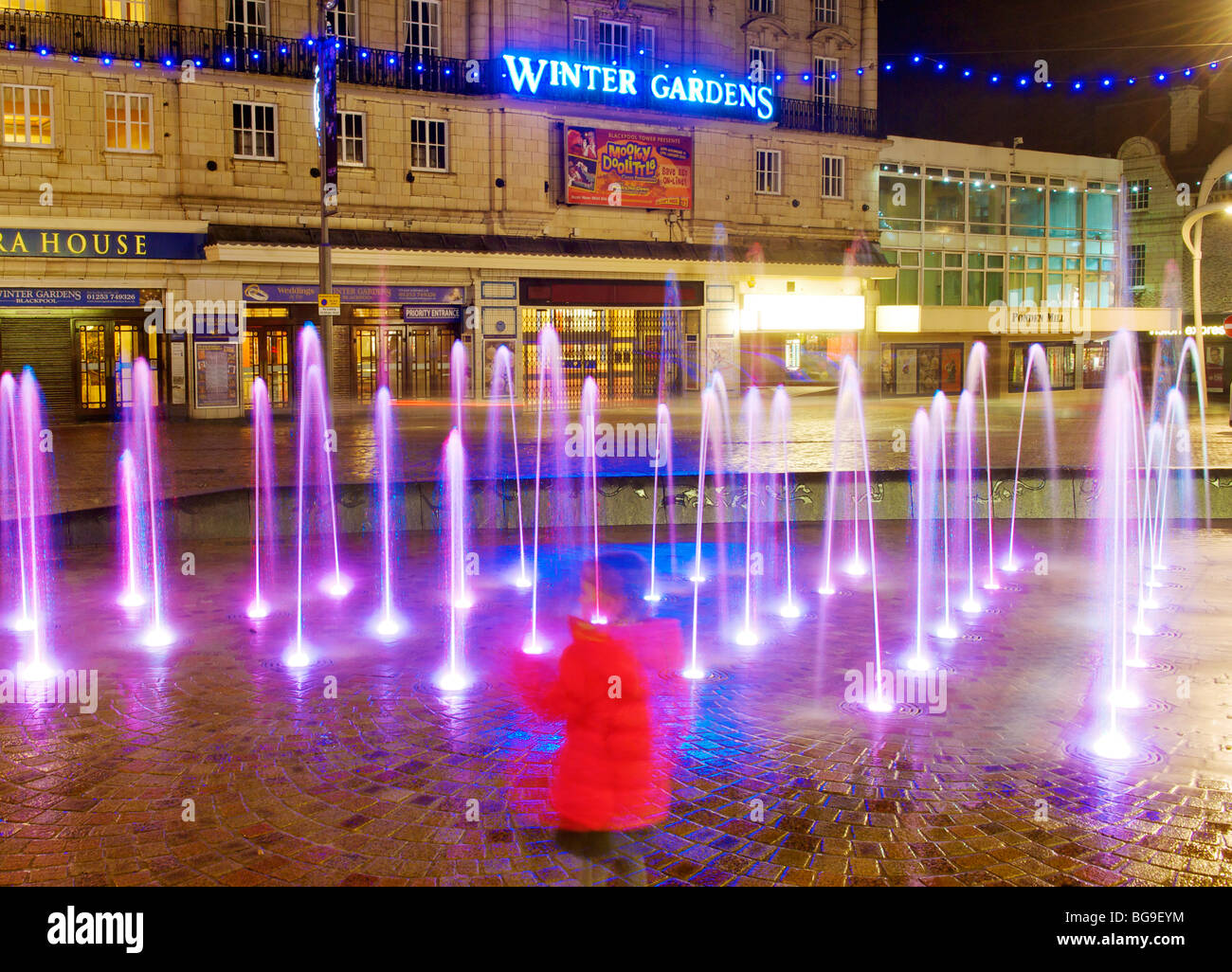 Illuminated fountains and winter gardens at night Blackpool Stock Photo Alamy