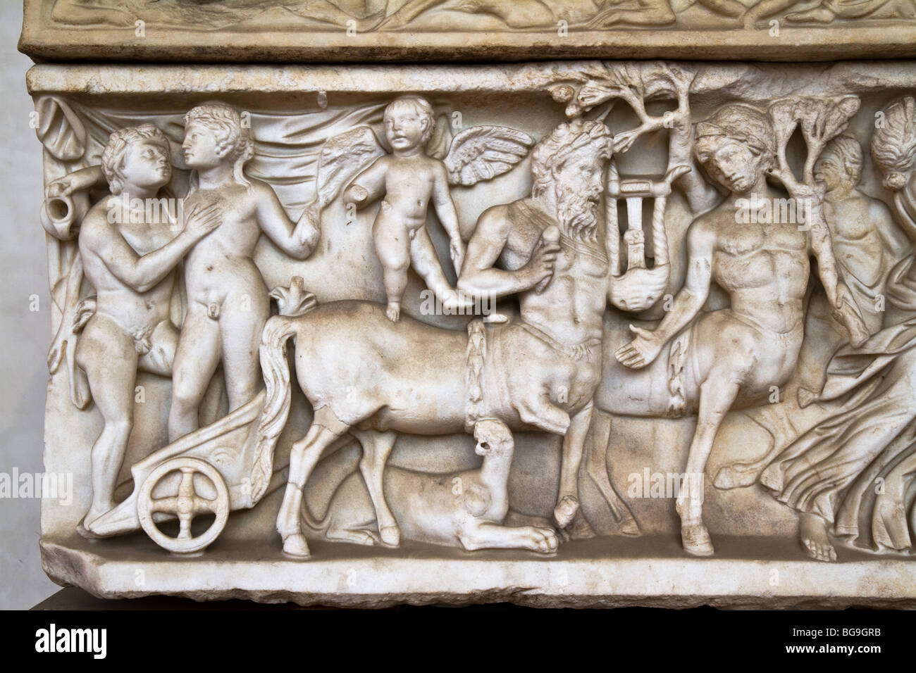 Detail of a Dionysiac sarcophagus from Rome depicting a thiasos, ca. 160-180. See description for more information. Stock Photo