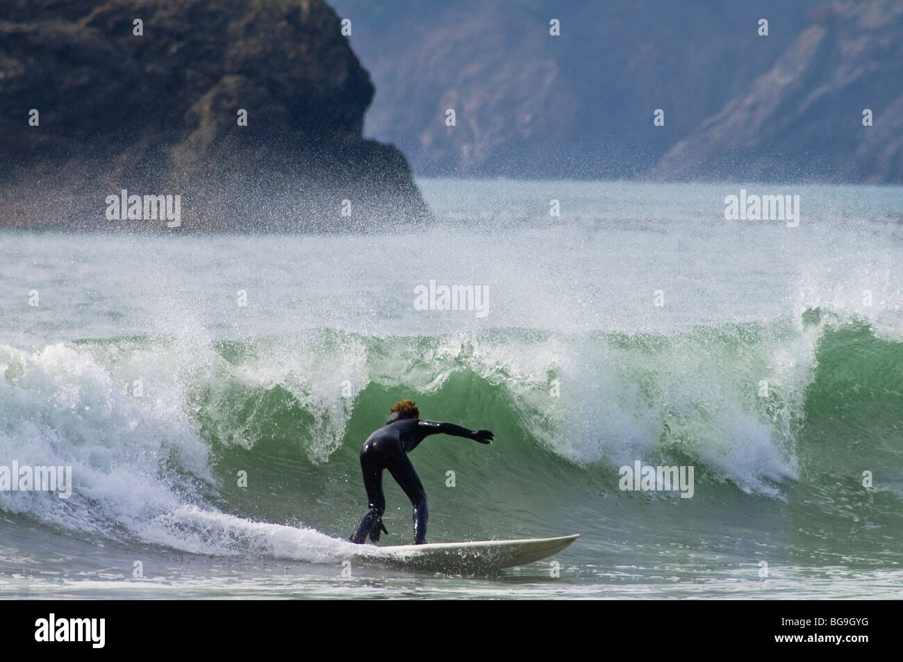 Surfing at Hubbard Creek Beach near Port Orford on the southern Oregon coast. Stock Photo