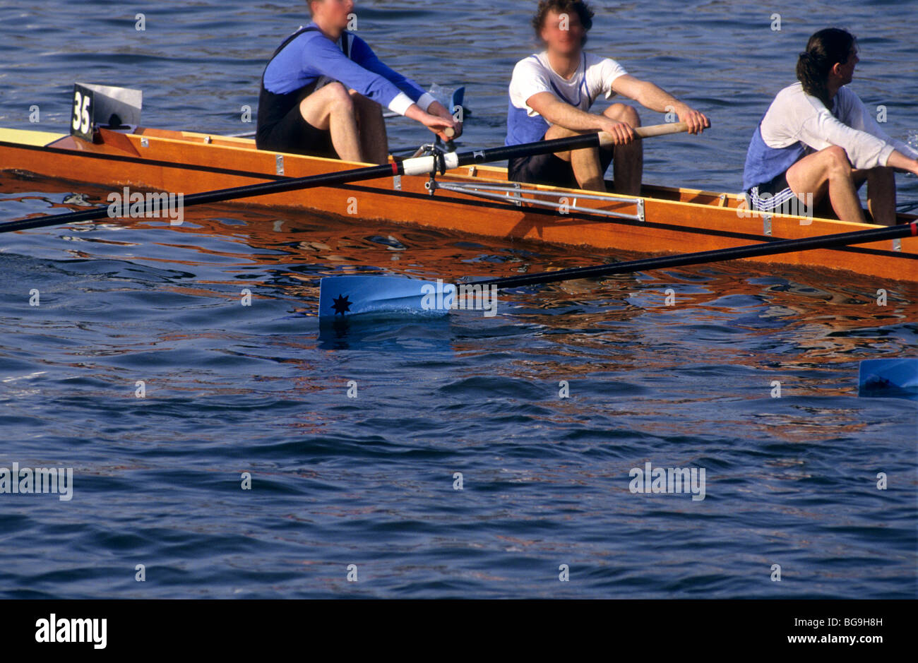 Three rowers in a boat Stock Photo Alamy
