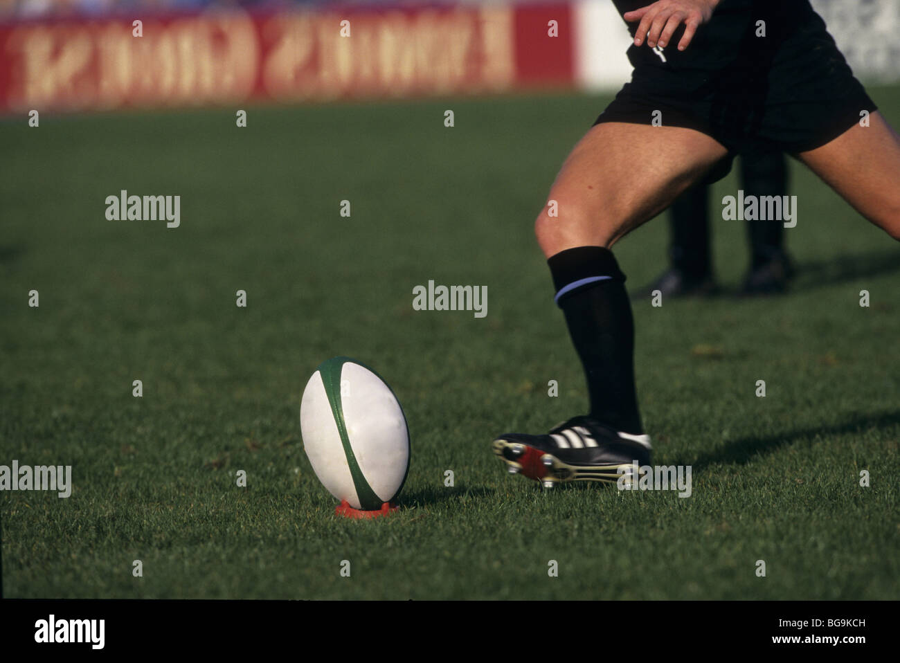 Rugby player kicks the ball off the tee Stock Photo Alamy