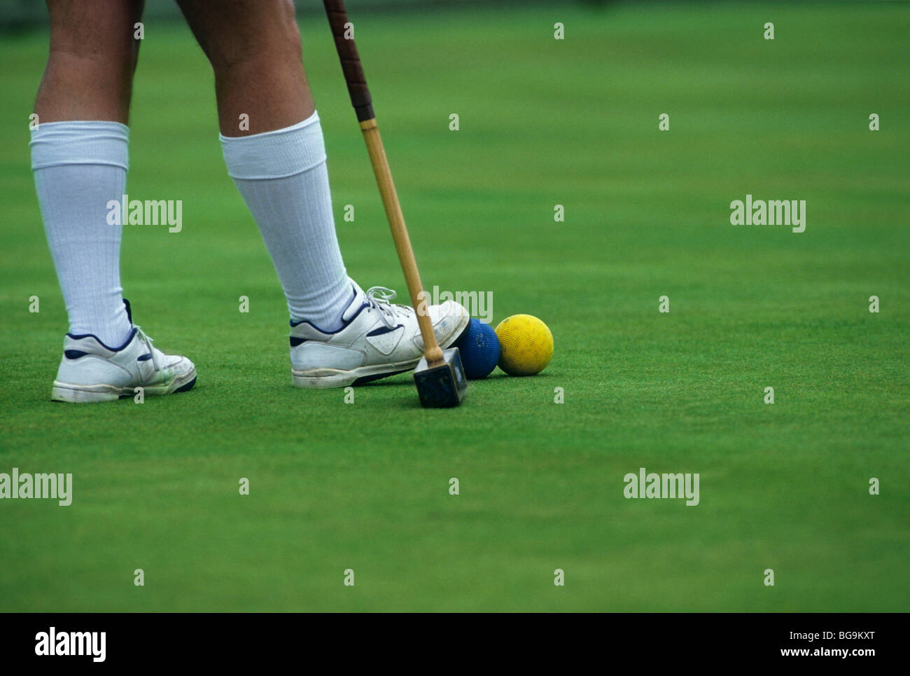 Croquet player with foot on croquet ball Stock Photo Alamy