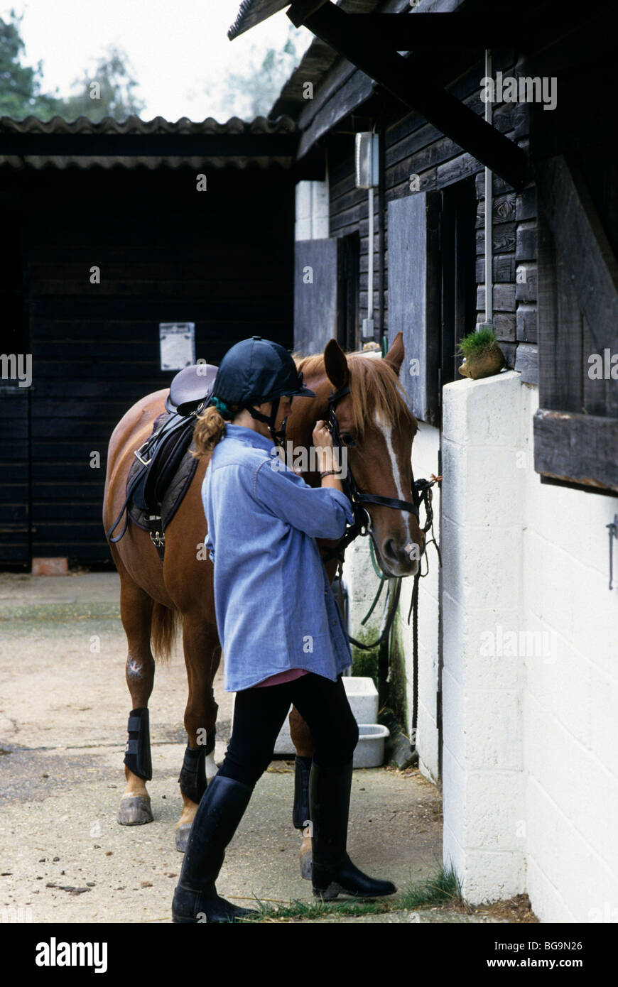 Woman with her horse at a stable Stock Photo - Alamy