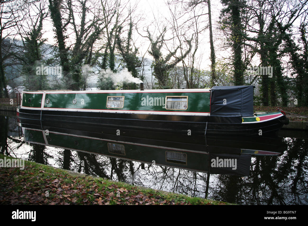 Canalboat moored during winter Stock Photo