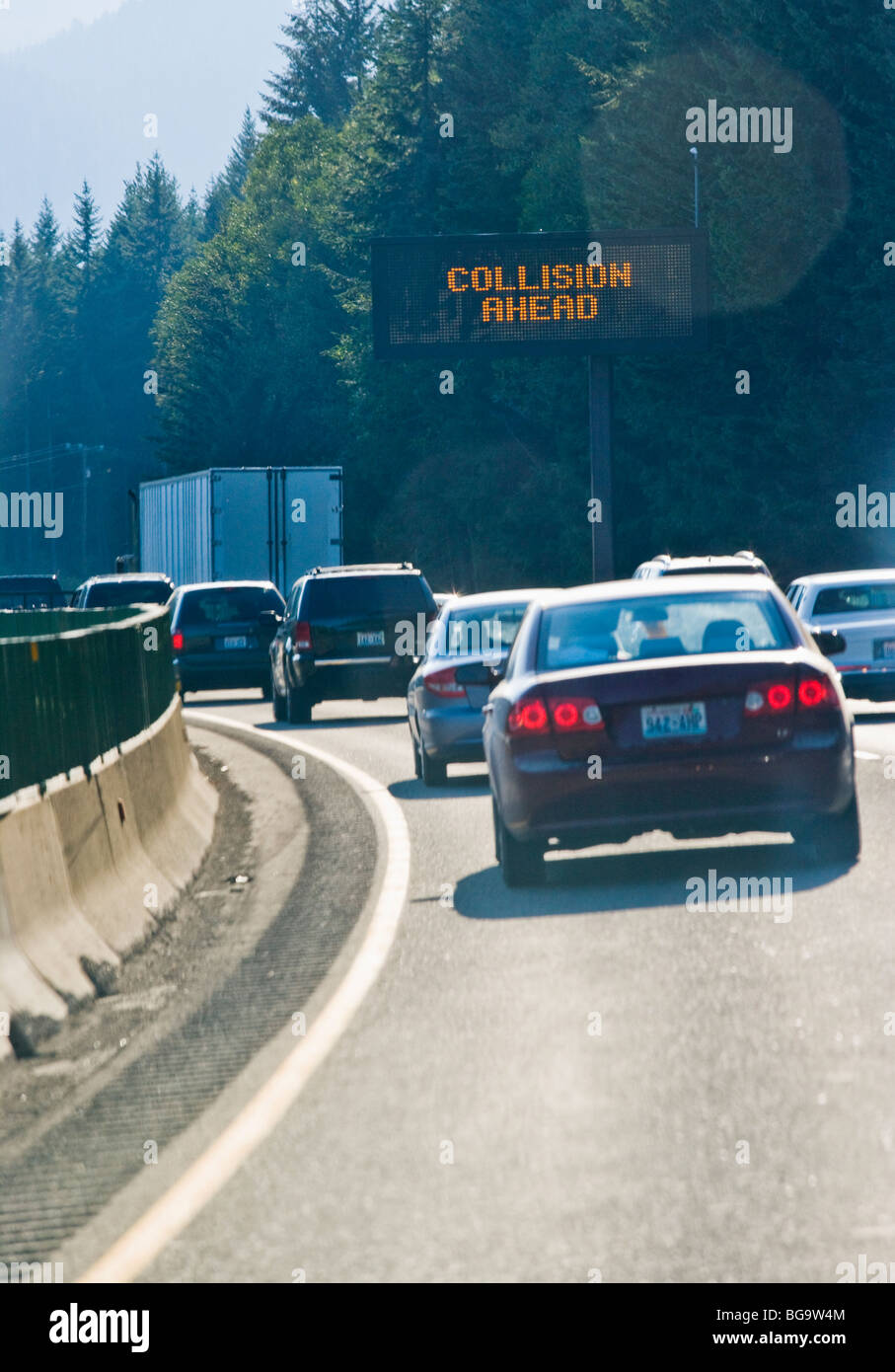 A traffic jam on Interstate 90 in the Central Cascades of Washington State, USA. Stock Photo