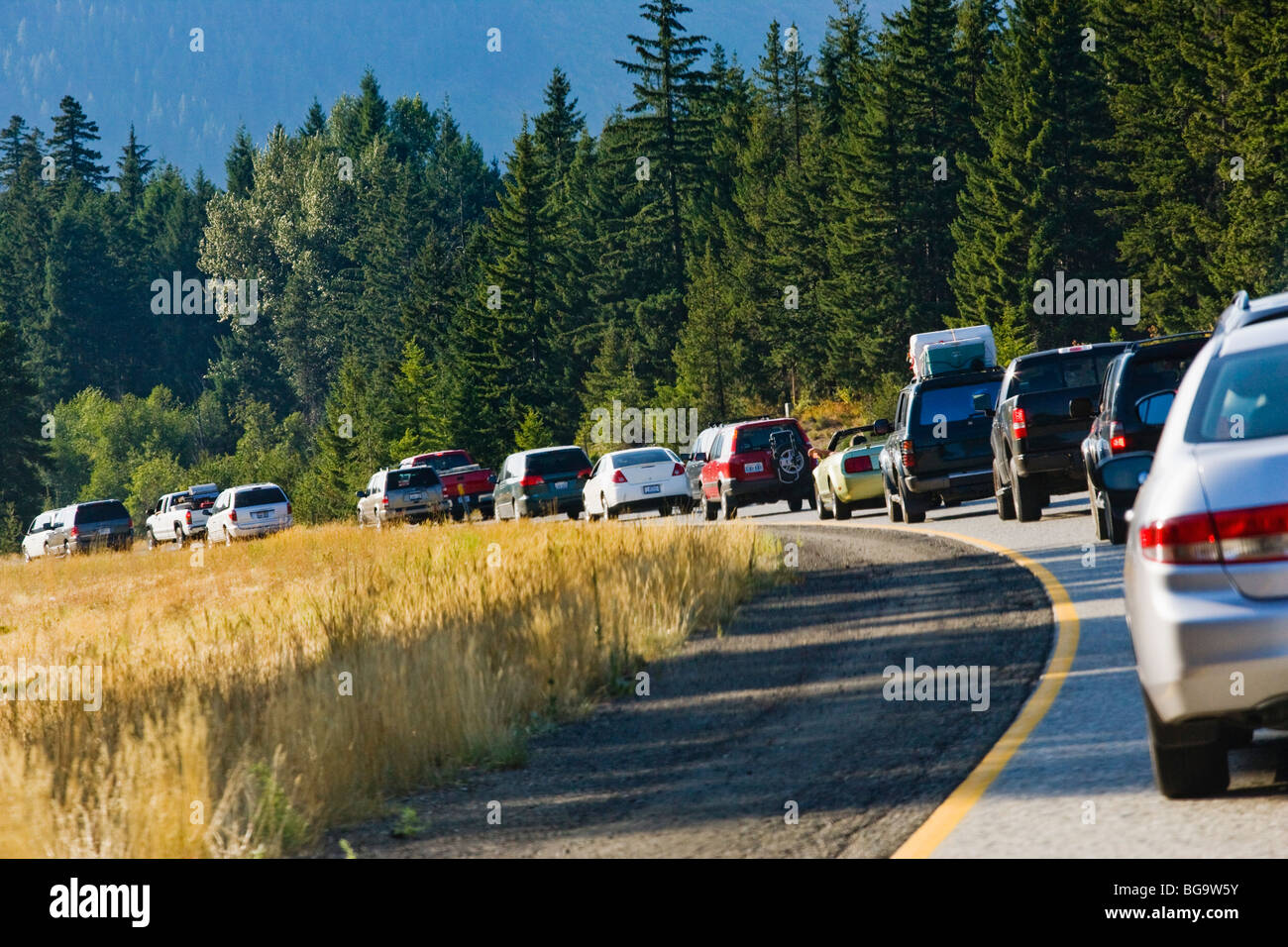 A traffic jam on Interstate 90 in the Central Cascades of Washington