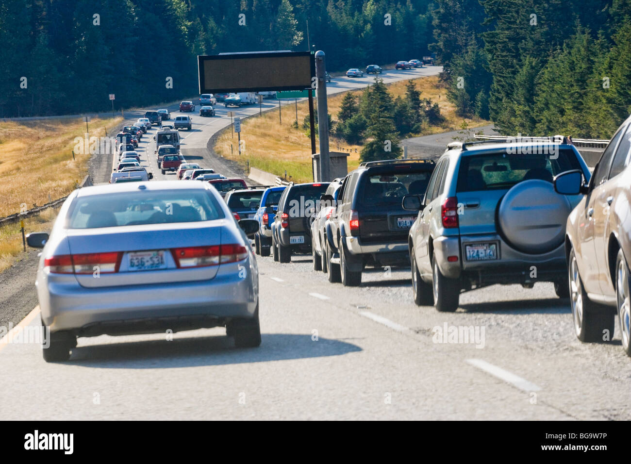 A traffic jam on Interstate 90 in the Central Cascades of Washington