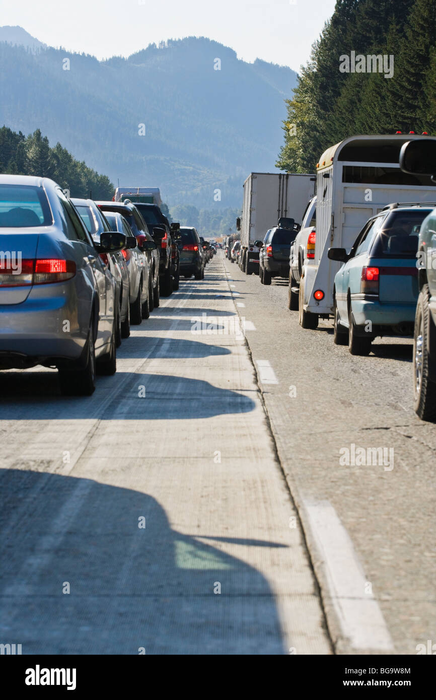A traffic jam on Interstate 90 in the Central Cascades of Washington