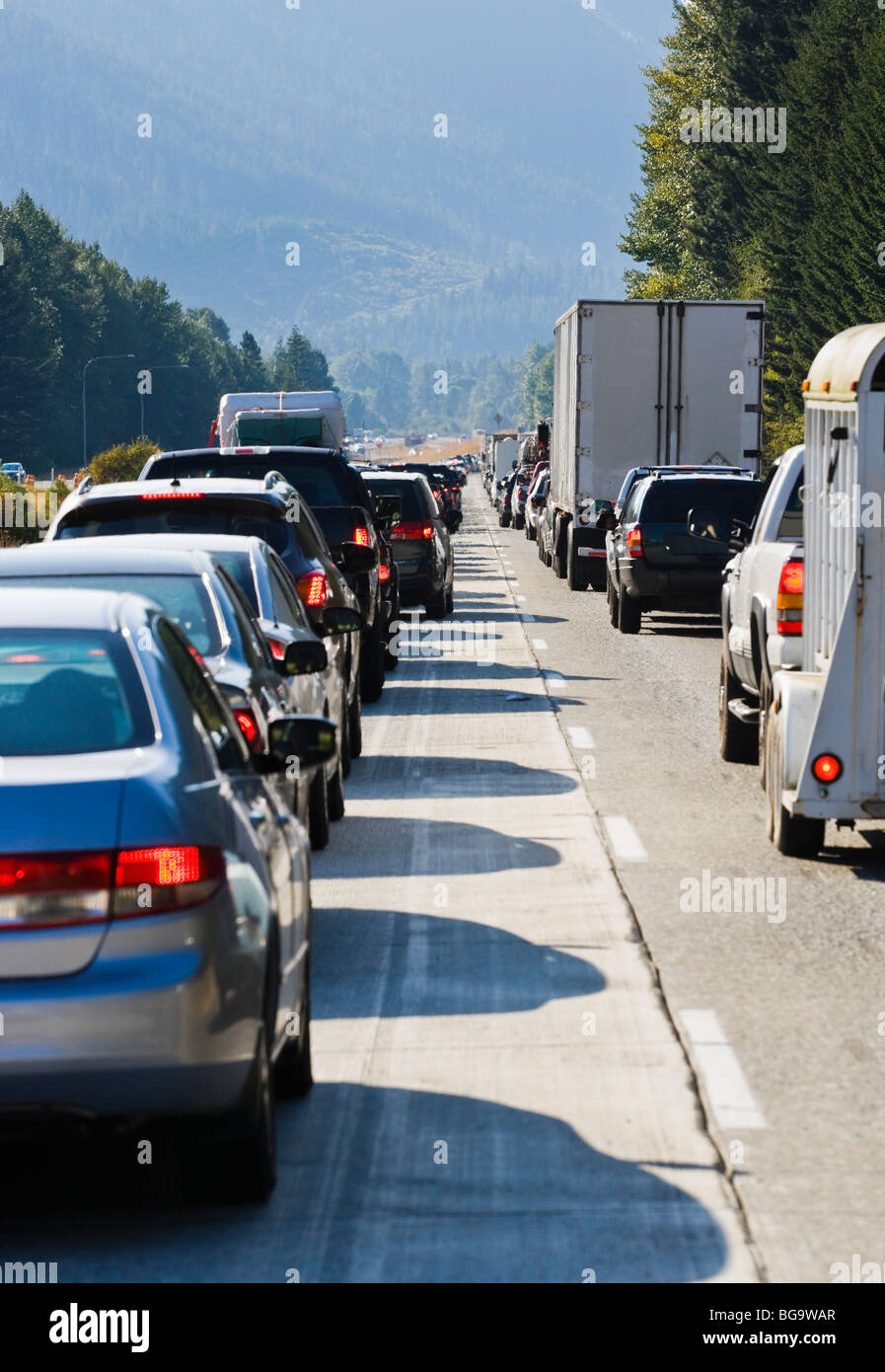 A traffic jam on Interstate 90 in the Central Cascades of Washington