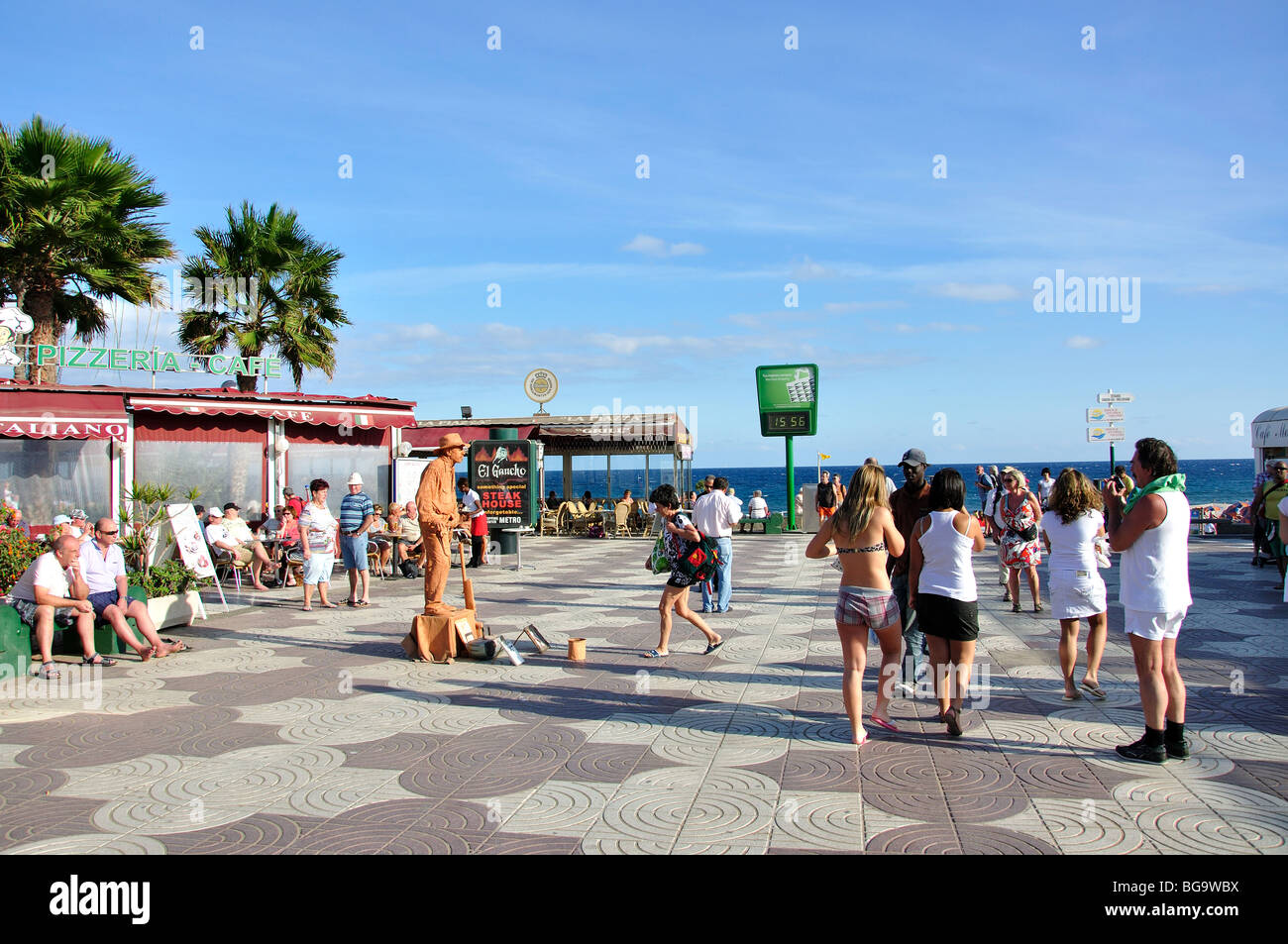 Outdoor cafes on beach promenade, Playa del Ingles, San Bartolome de Tirajana Municipality Gran Canaria, Canary Islands, Spain Stock Photo