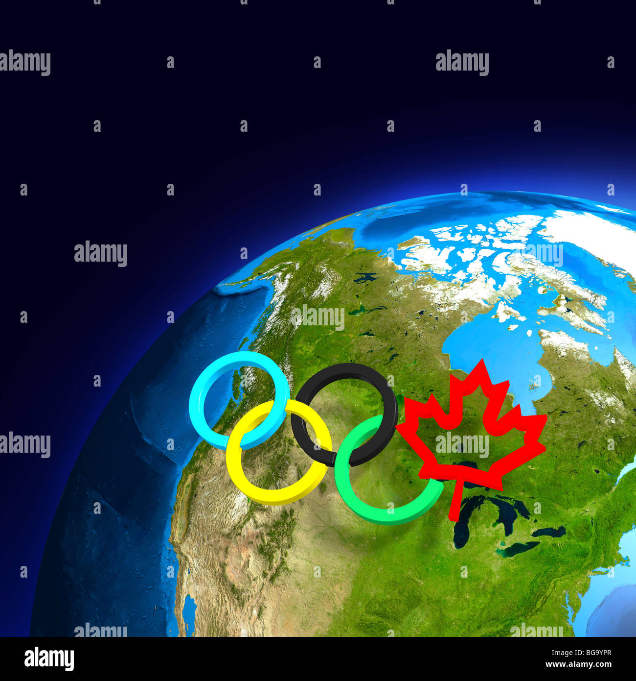 Olympic rings above Canada on the Earth globe. Vancouver 2010 concept with a maple leaf symbol. Stock Photo