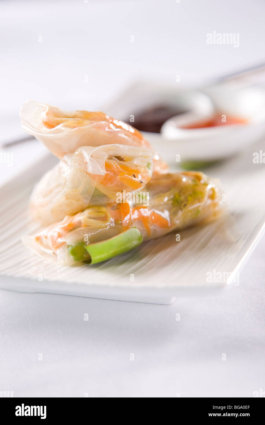 Vietnamese Summer Rolls with dipping sauces Stock Photo