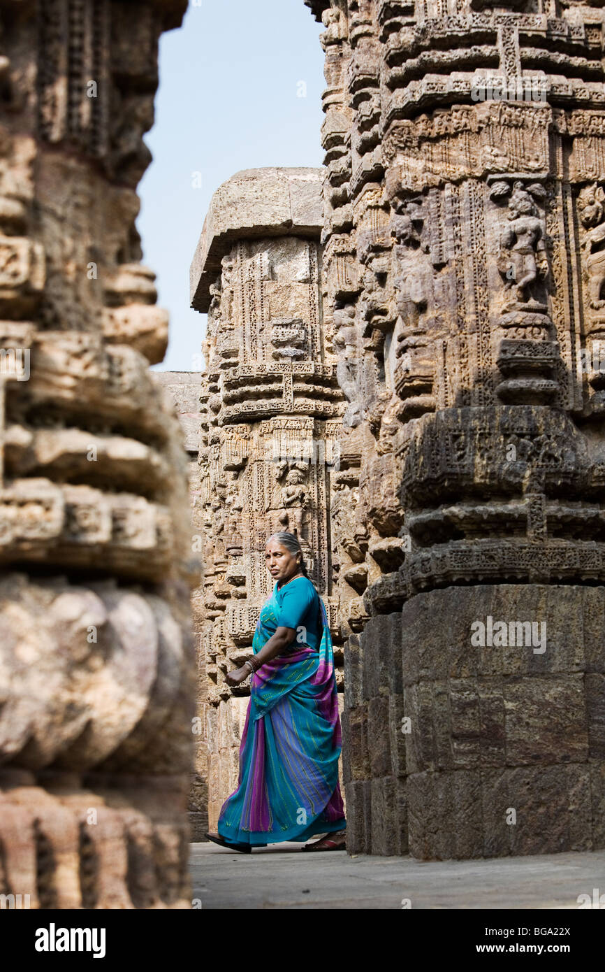 Woman at Sun Temple of Konark, Orissa state, India. Stock Photo