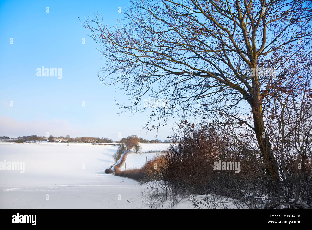 Rural snow scene Bedfordshire, open farmland, country lane Stock Photo