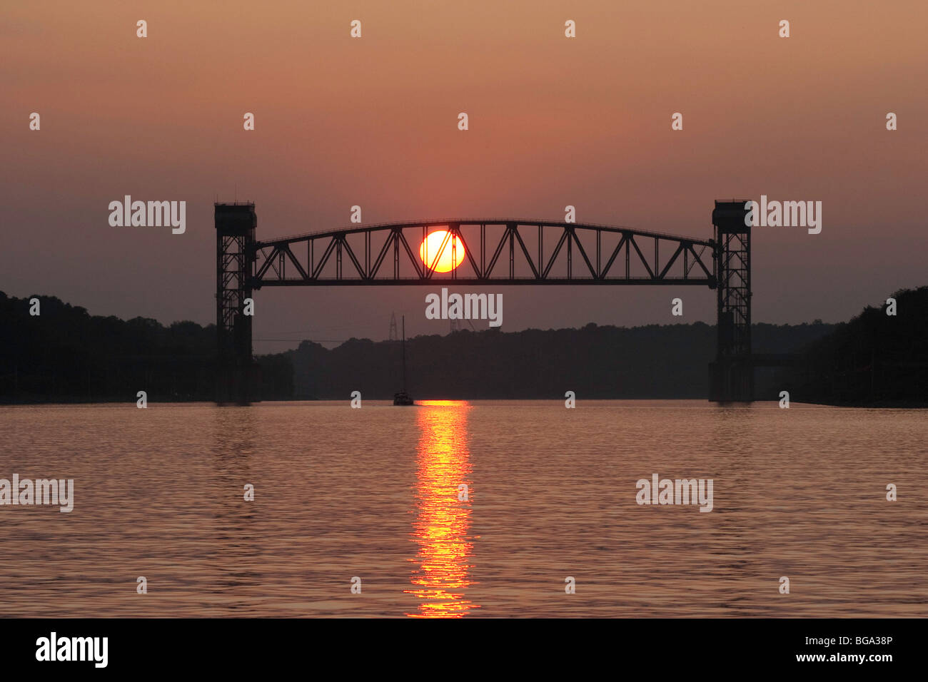 Sunset behind the Conrail Lift Bridge over the C&D Canal Stock Photo