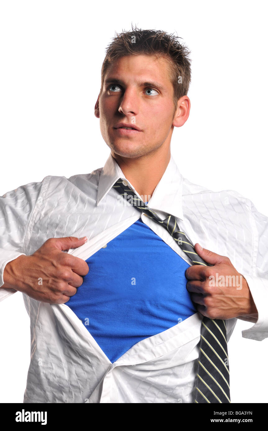 Businessman opening his shirt wearing a blue t-shirt underneath Stock Photo