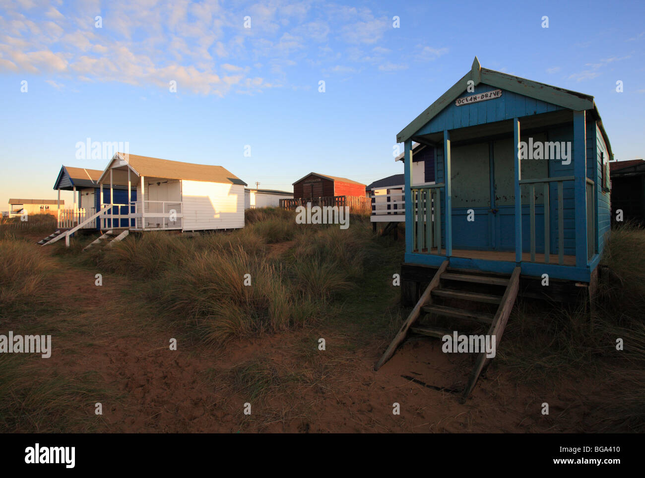 Beach huts at Old Hunstanton on the North Norfolk coast. Stock Photo