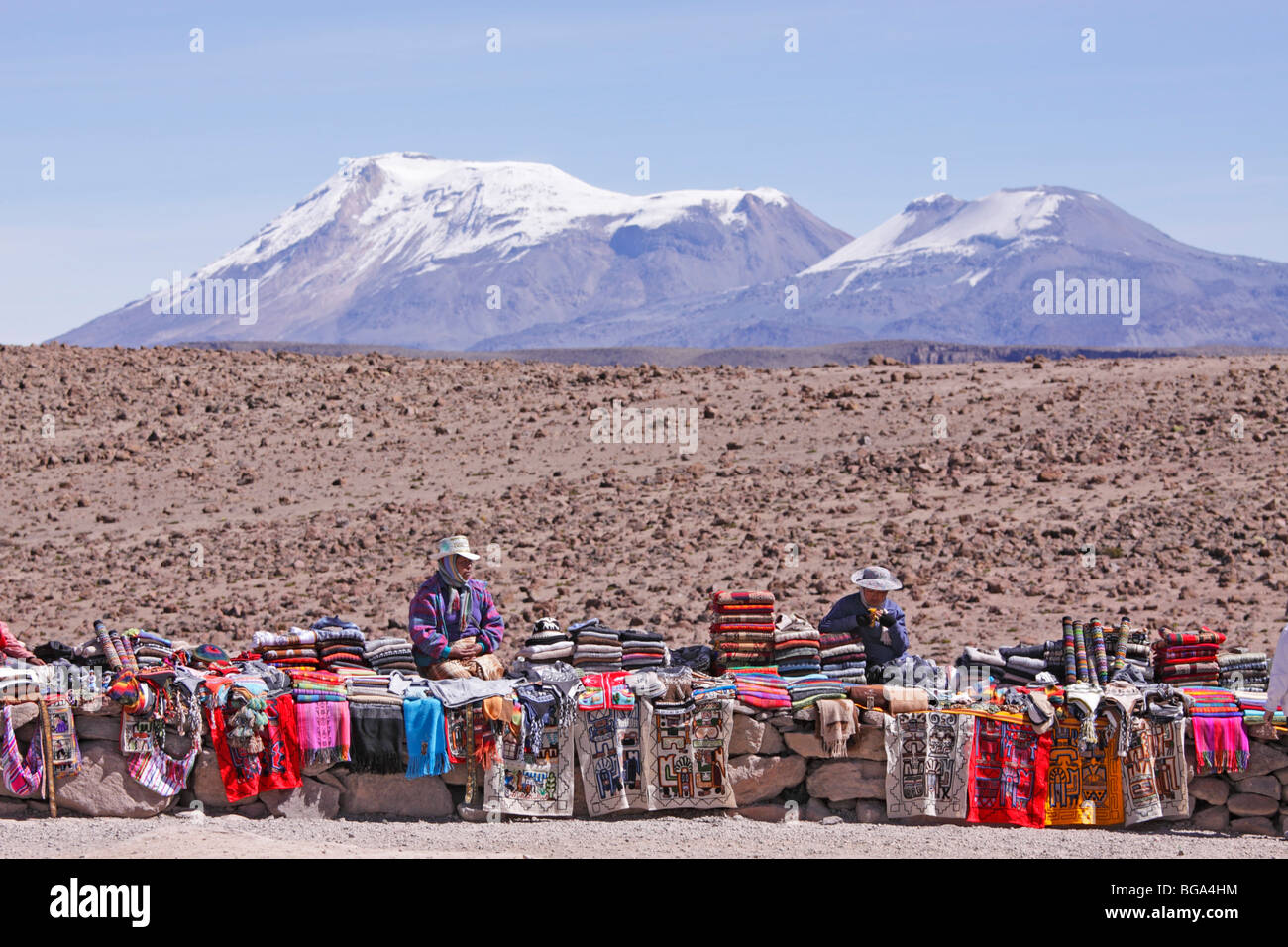 sale of souvenirs in front of volcanoes, Pata Pampa Pass, Cordillera de