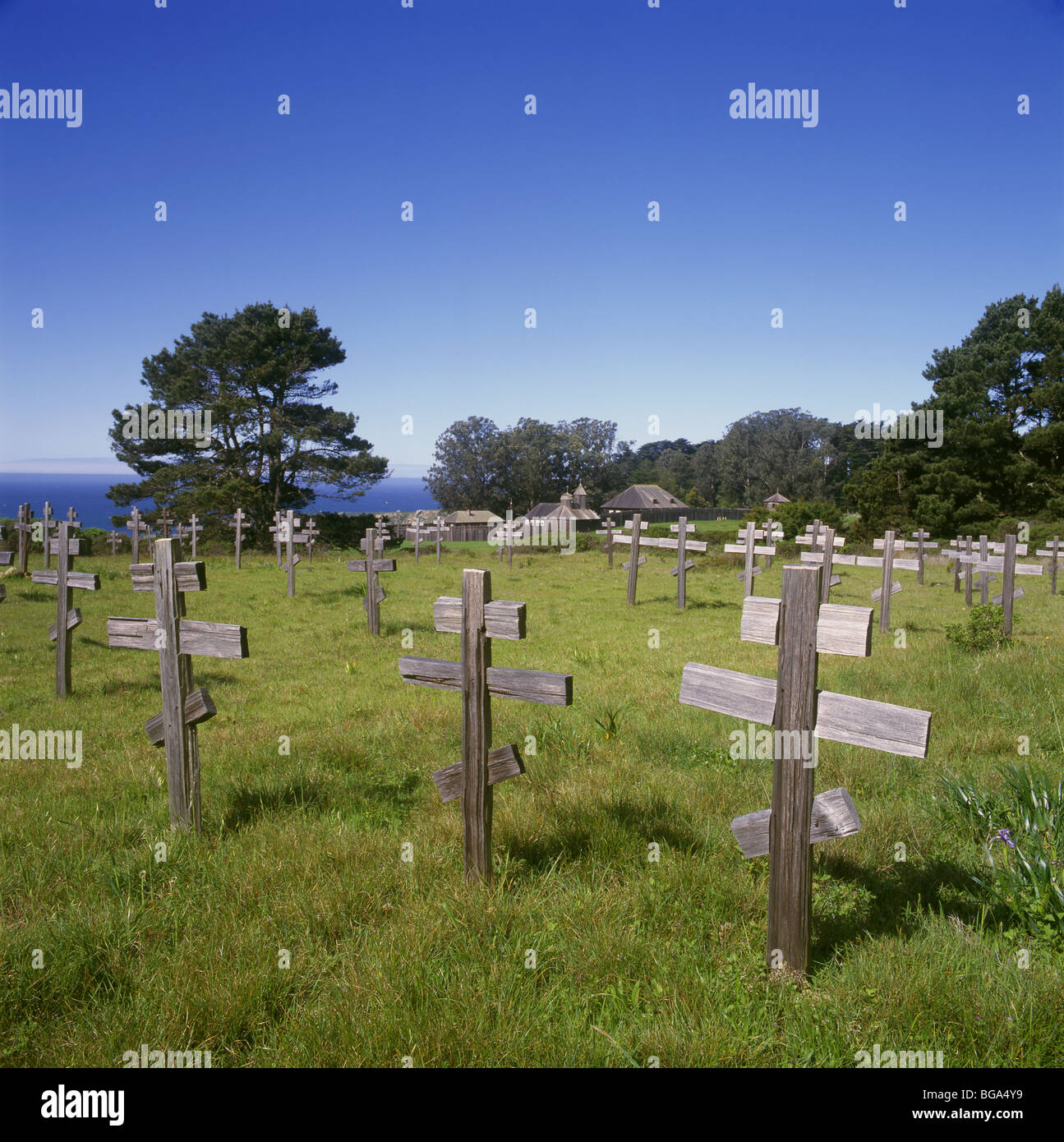 CALIFORNIA Grave markers at the Russian made Fort Ross at Fort Ross