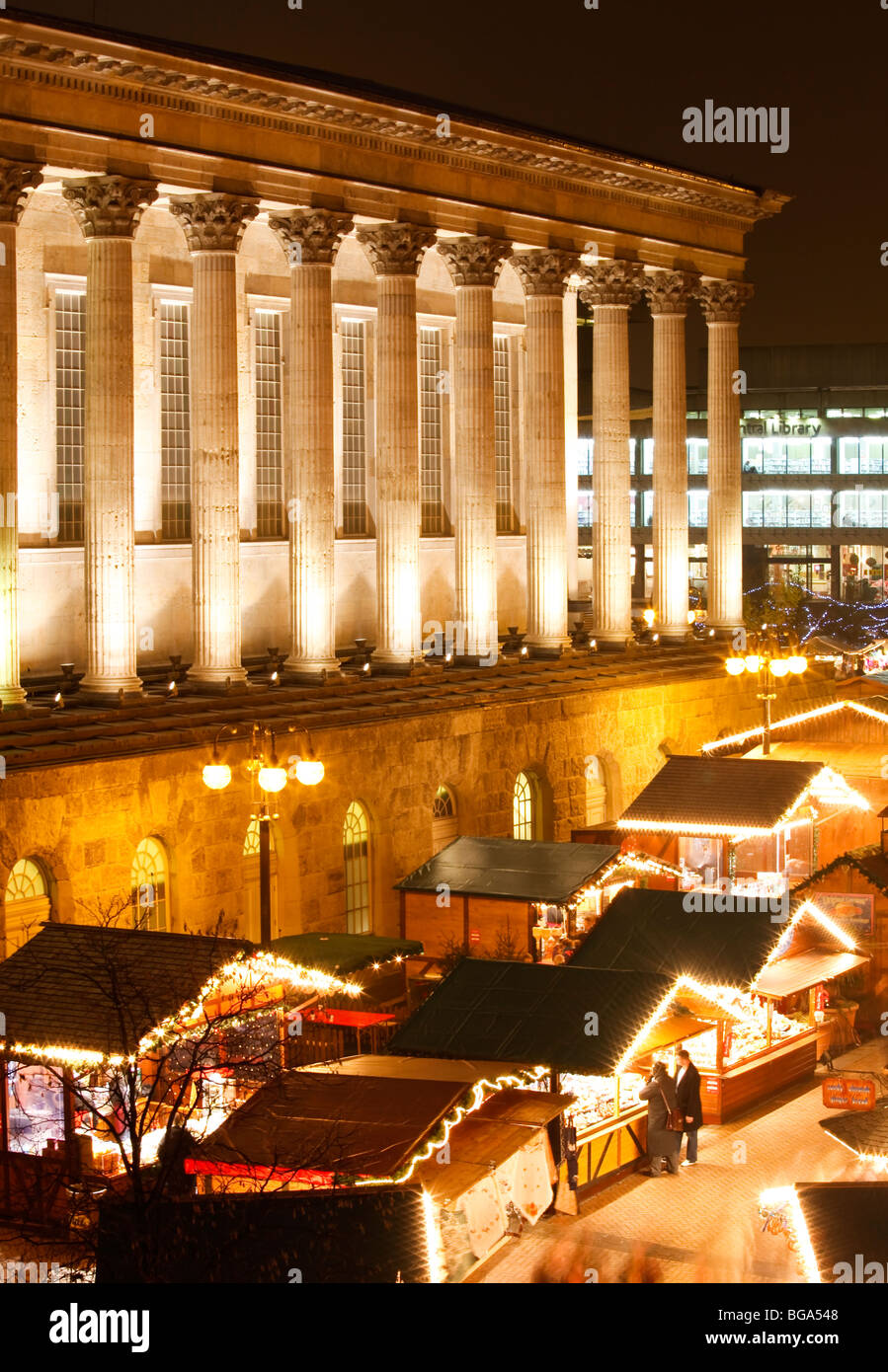 The German Market in Bimingham City Centre at Christmas. Town Hall. Stock Photo