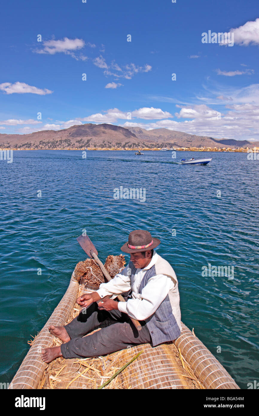 traveling by reed boat on Lake Titicaca, Puno, Peru, Andes, South ...