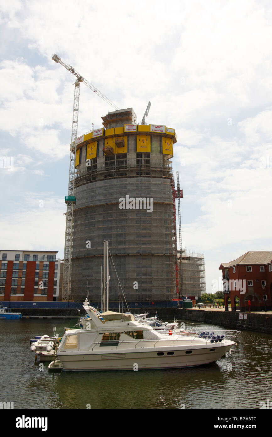 New Building, The Meridian Tower,  being constructed in Swansea Marina, West Glamorgan, South Wales, U.K. Stock Photo