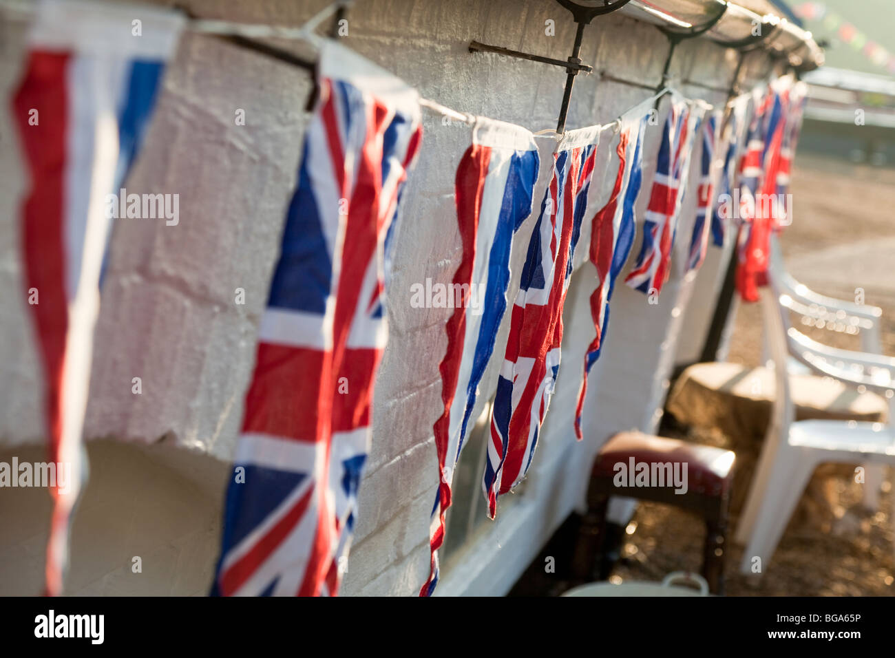 Bunting and Union Jacks to decorate Narrowboat Rally Celebrations, Braunston Marina, Northamptonshire, England, UK Stock Photo