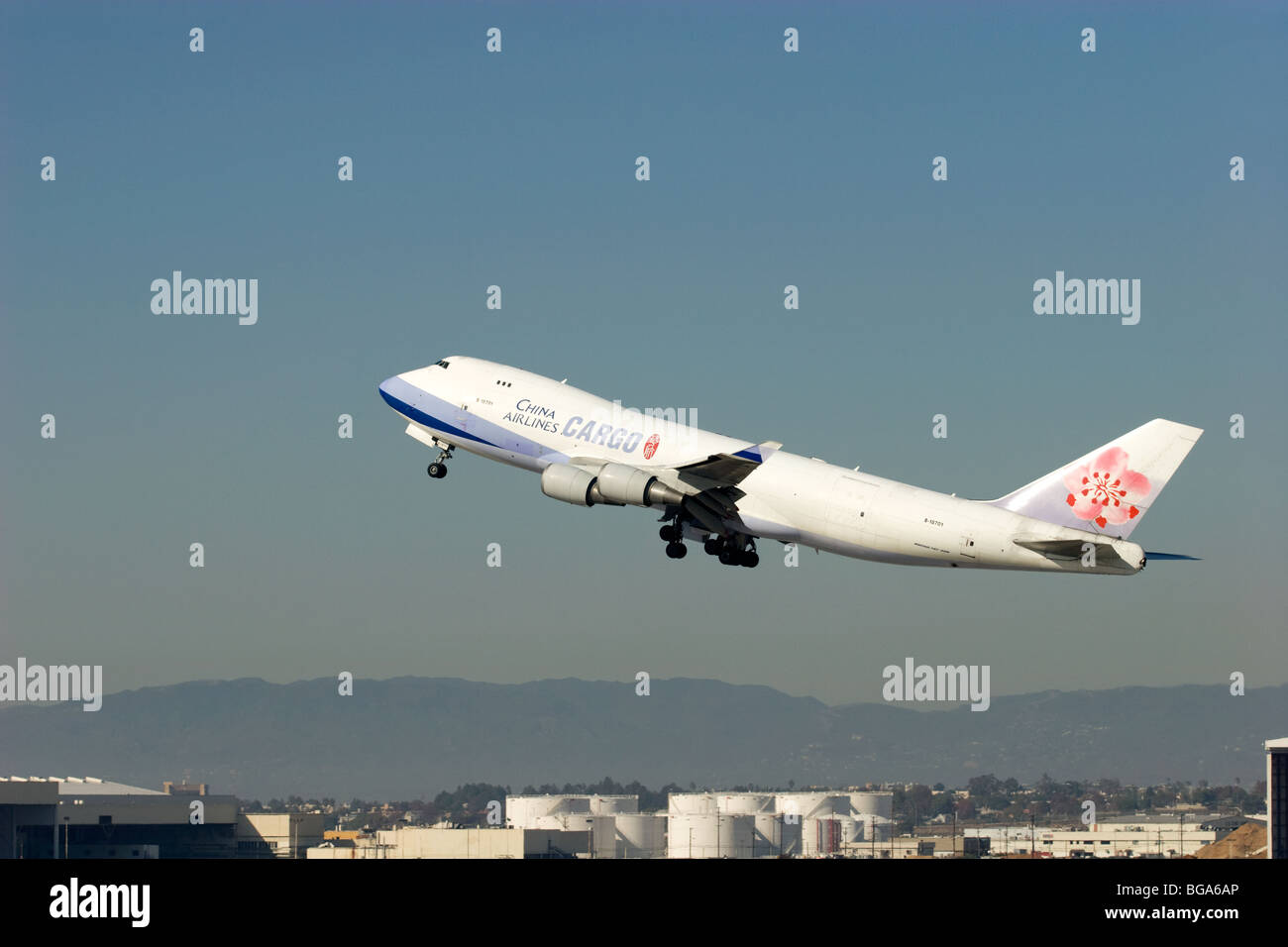 Boeing 747 cargo plane on take off Stock Photo