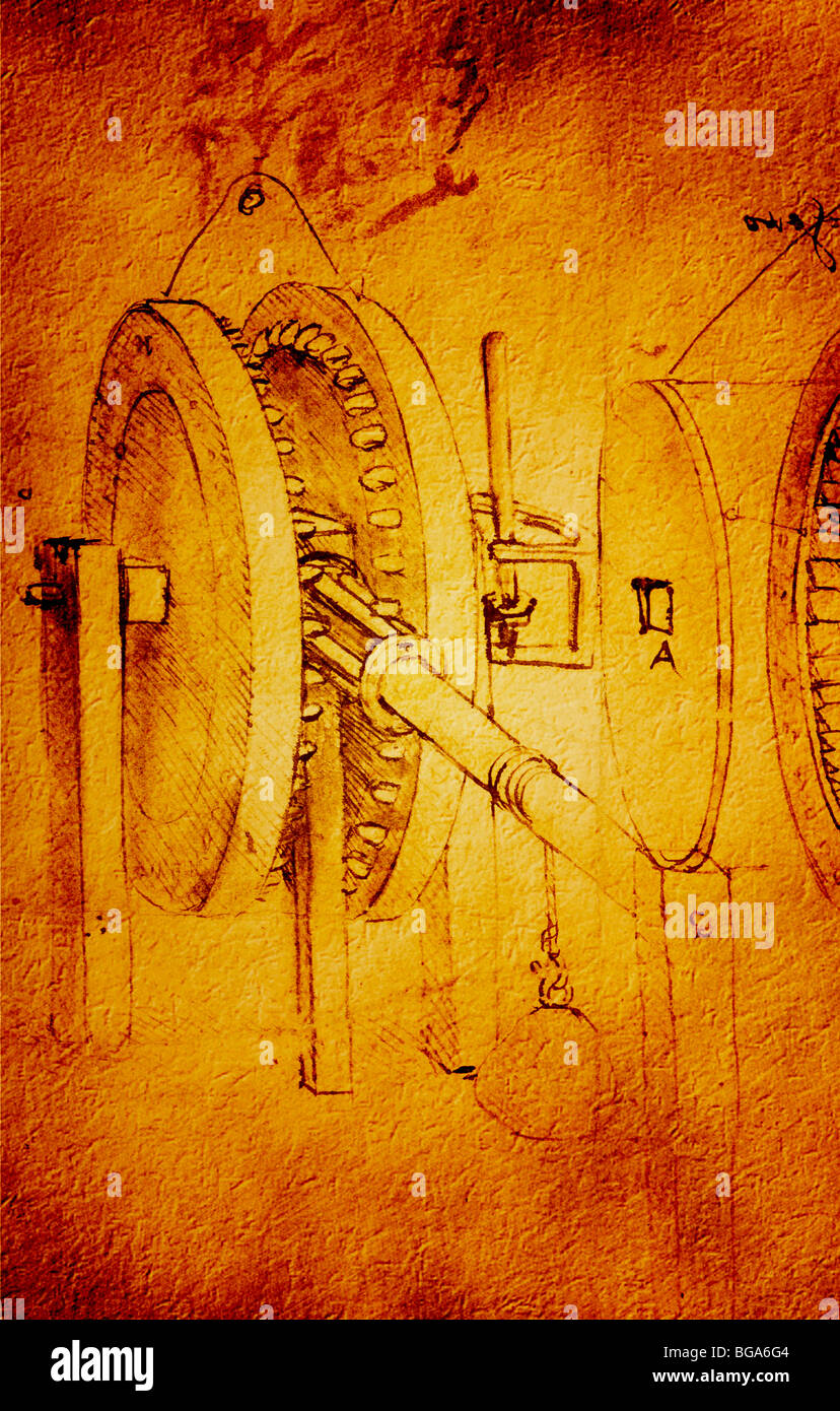 computer enhanced Detail of Toothed Gears and Hygrometer by Leonardo da Vinci 1485 pen and ink Stock Photo