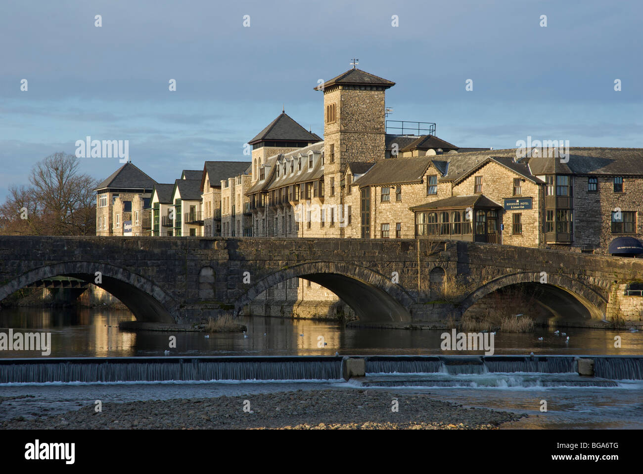 Riverside Hotel and Stramongate Bridge over River Kent, Kendal, Cumbria