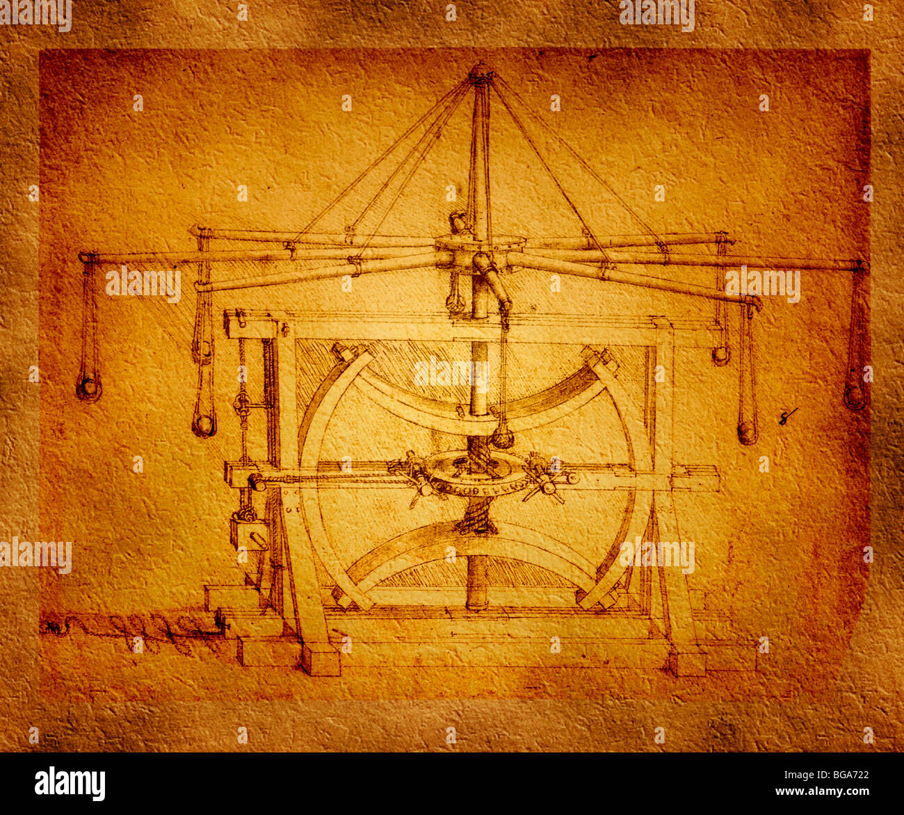computer enhanced Military Machine to Catapult Stones by Leonardo da Vinci 1485 pen and ink Stock Photo