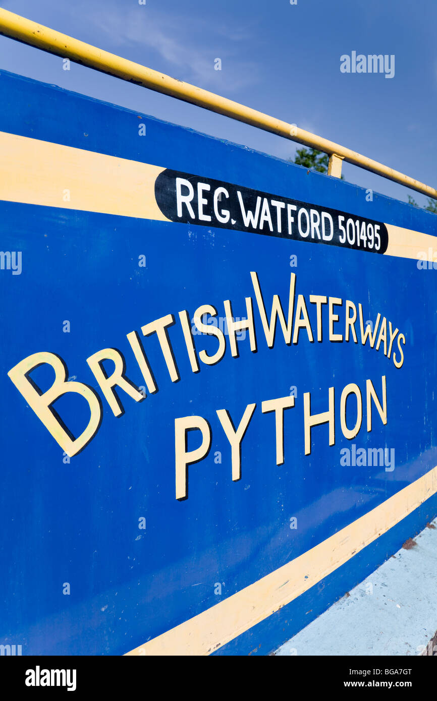 Detail of British Waterways Narrowboat No. 501459 'Python' in authentic Nationalised Blue Livery, Braunston Marina, Northamptonshire, England, UK Stock Photo