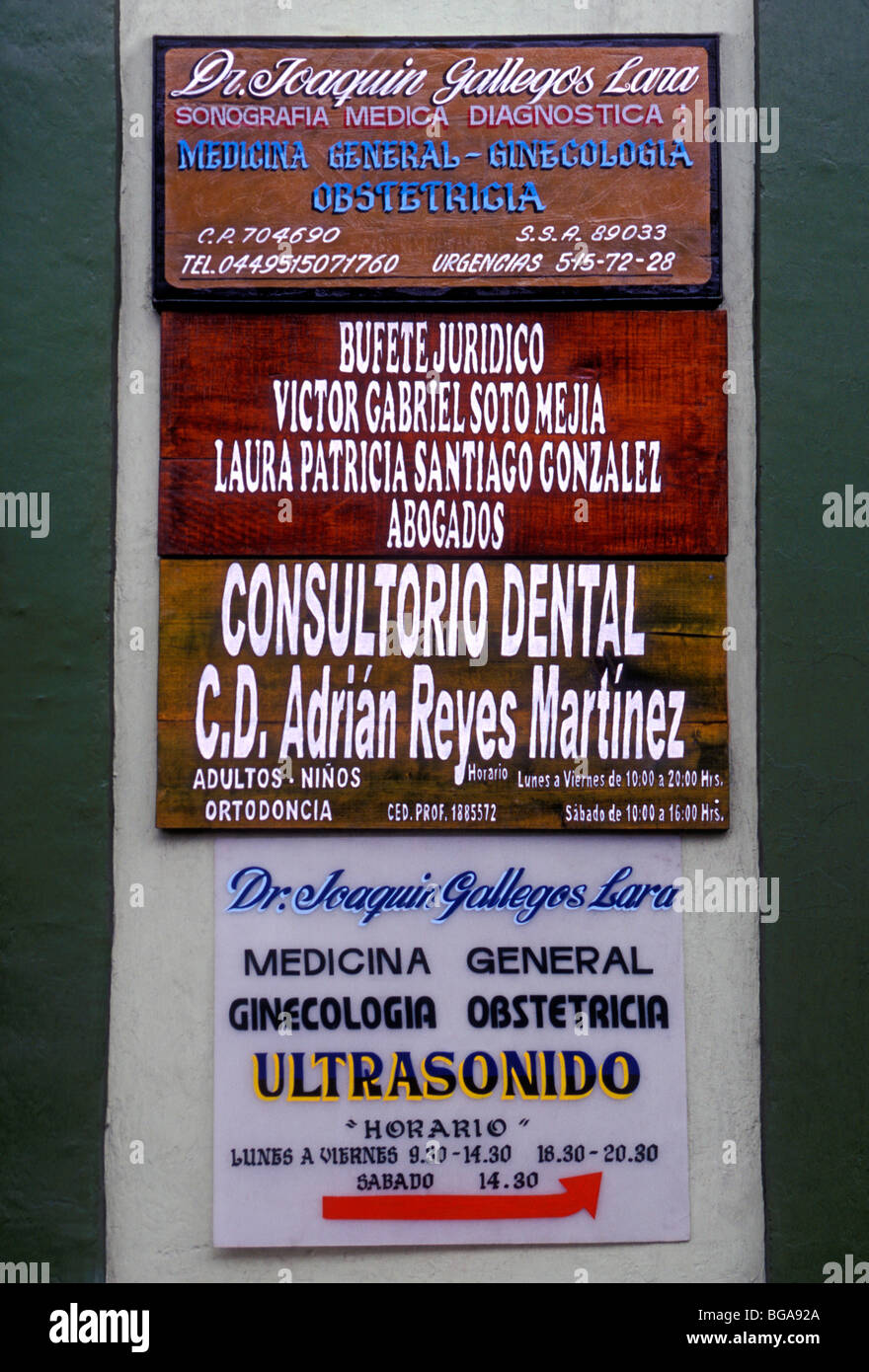 sign, doctor office, medical offices, dentist office, dental offices, Oaxaca, Oaxaca de Juarez, Oaxaca State, Mexico Stock Photo