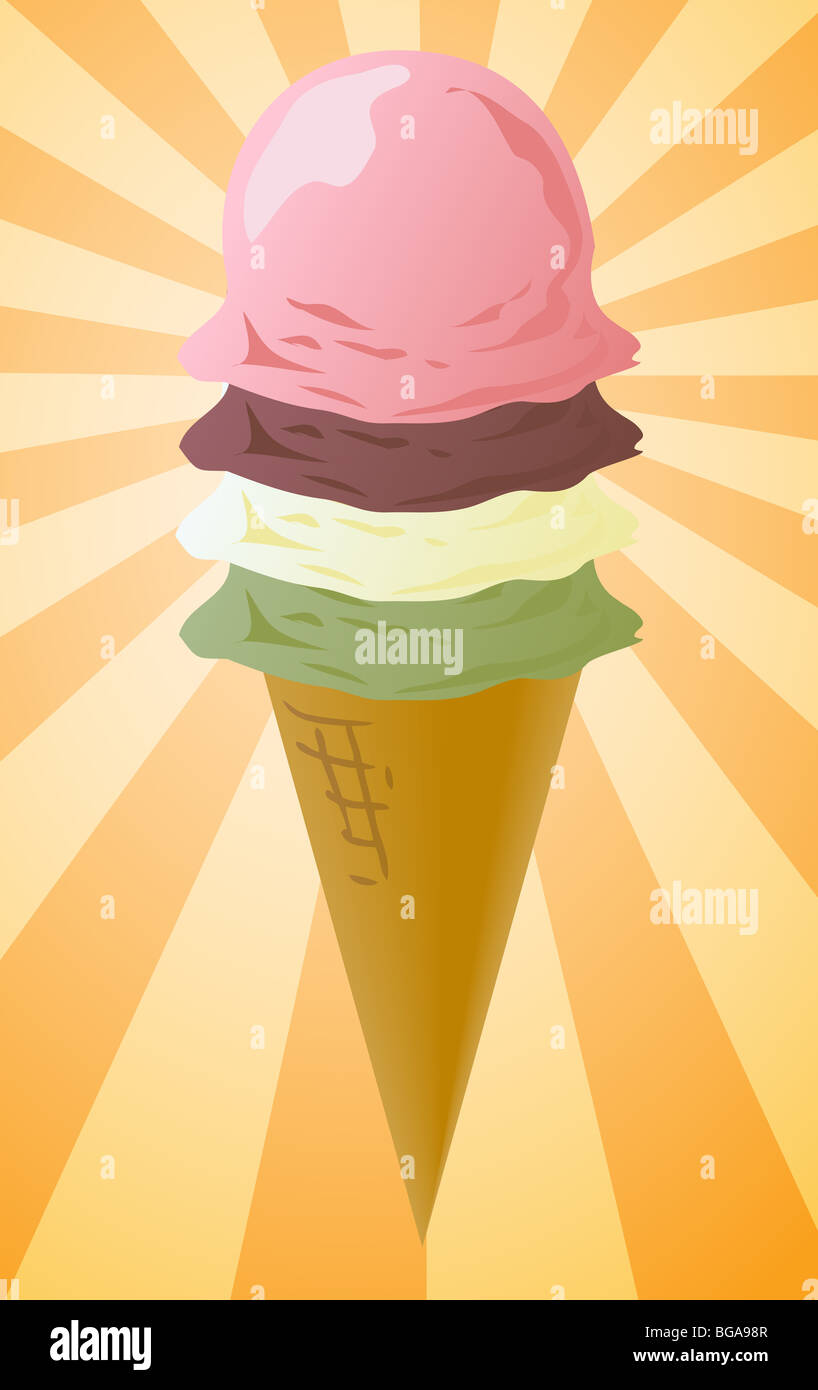 Ice cream cone illustration, three scoops on radial burst background