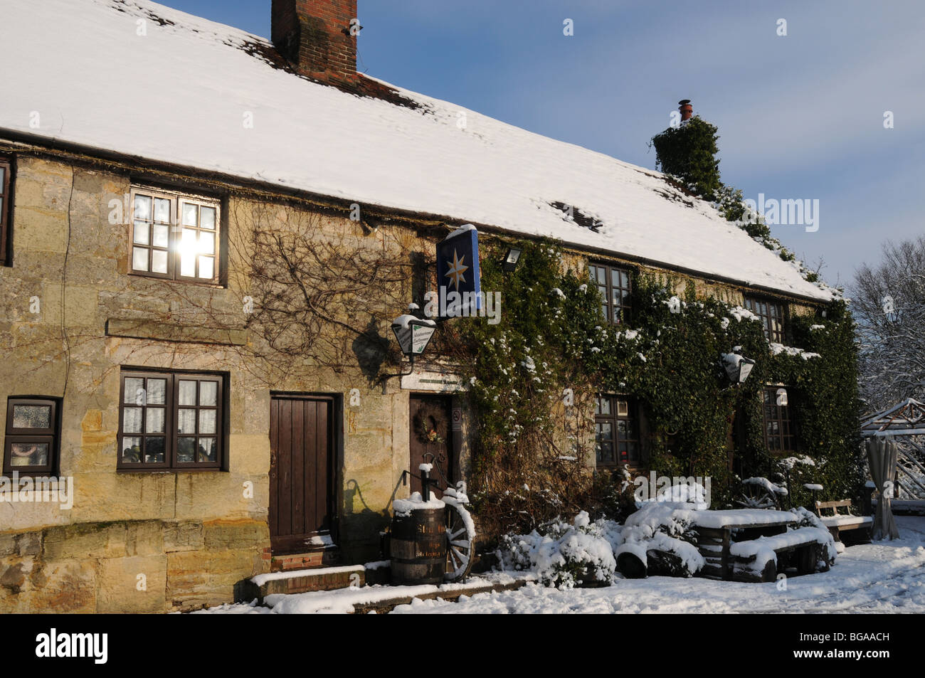 The Star Inn Old Heathfield in the December snow. Stock Photo