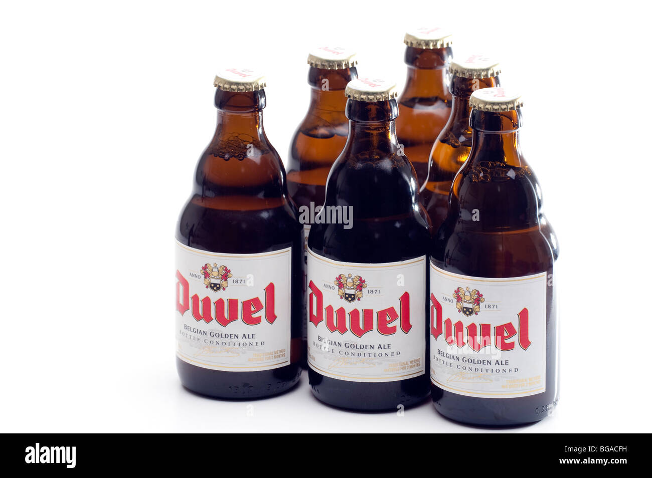 six bottles of conditioned Duvel Belgian Golden Ale Stock Photo Alamy