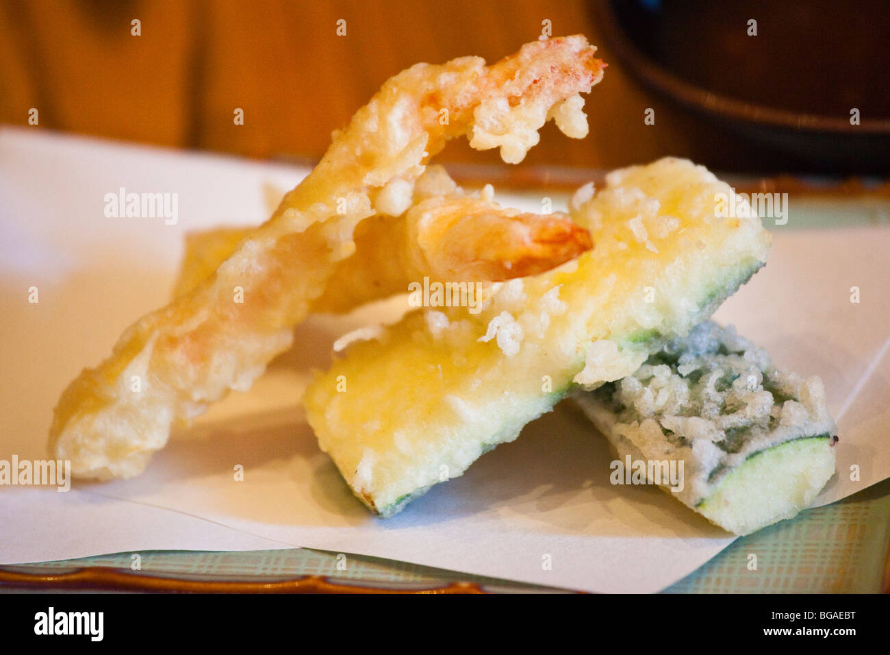 Shrimp and Zucchini Tempura at Nobu Japanese Restaurant in Tribeca, New York City Stock Photo